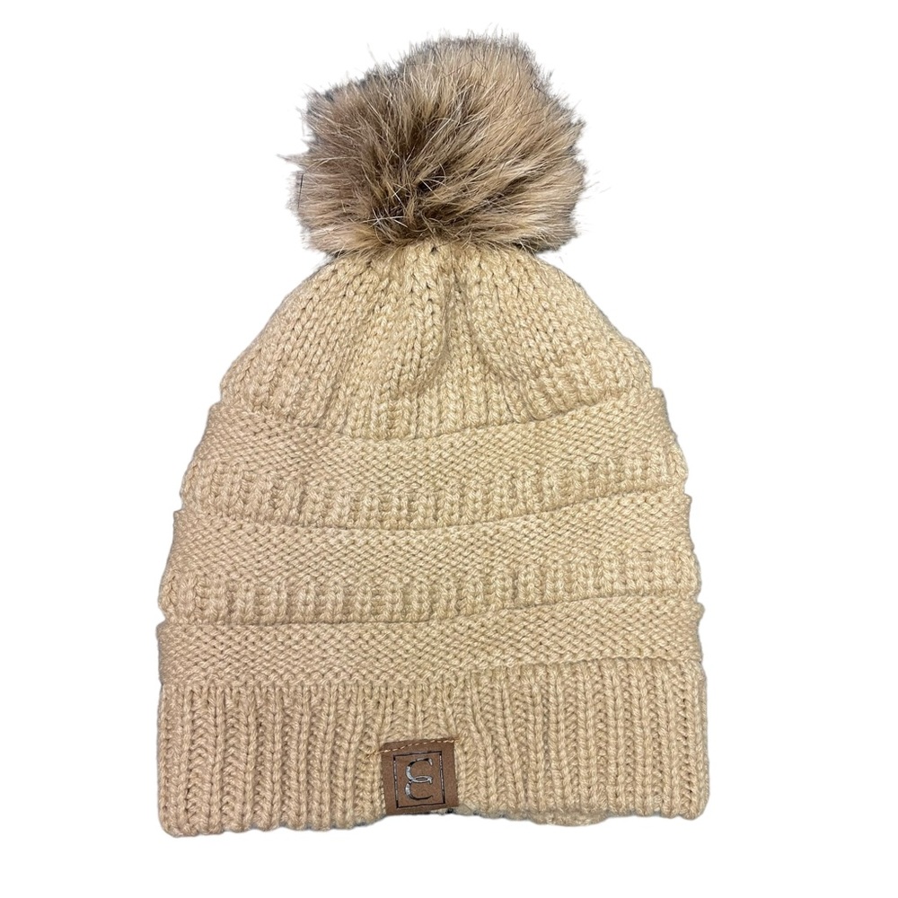 C.C Exclusive Soft Stretch Cable Knit Faux Fur Pom Adult Tan Neutral Beanie Hat